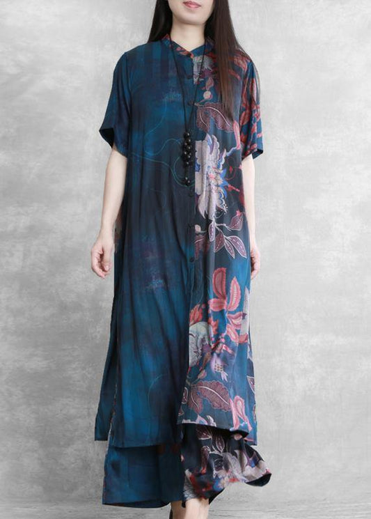 National wind blue color matching suit summer five-point sleeves loose two-piece suit - SooLinen