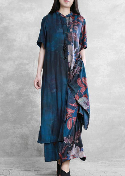 National wind blue color matching suit summer five-point sleeves loose two-piece suit - SooLinen