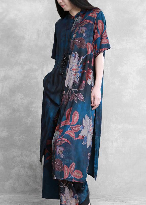 National wind blue color matching suit summer five-point sleeves loose two-piece suit - SooLinen