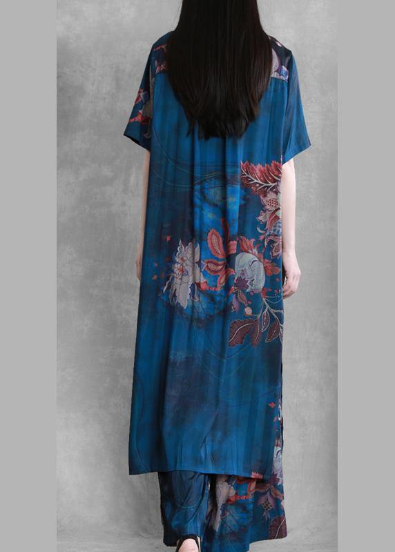 National wind blue color matching suit summer five-point sleeves loose two-piece suit - SooLinen