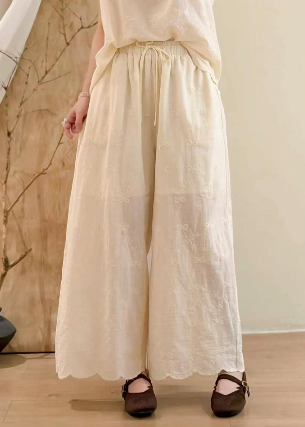 Natural Apricot Embroidered Cotton Wide Leg Pants Summer