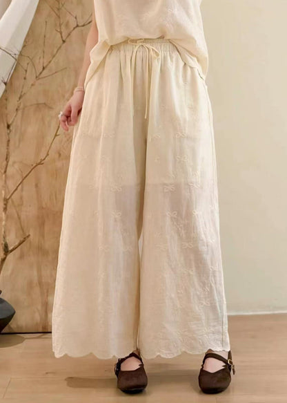 Natural Apricot Embroidered Cotton Wide Leg Pants Summer