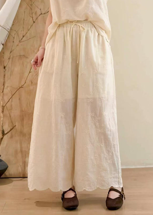 Natural Apricot Embroidered Cotton Wide Leg Pants Summer