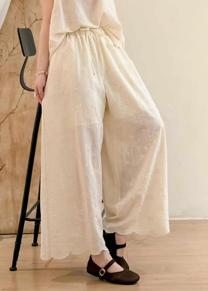 Natural Apricot Embroidered Cotton Wide Leg Pants Summer