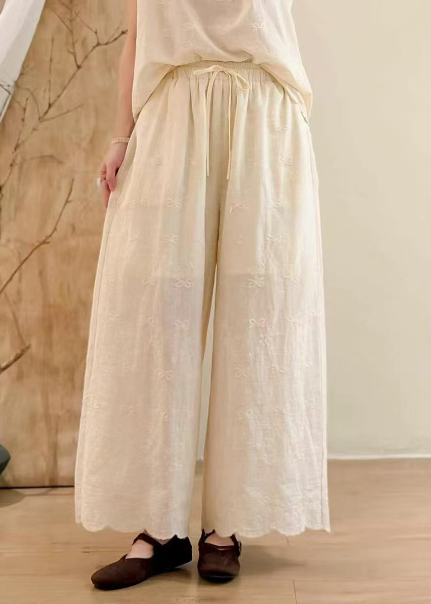 Natural Apricot Embroidered Cotton Wide Leg Pants Summer