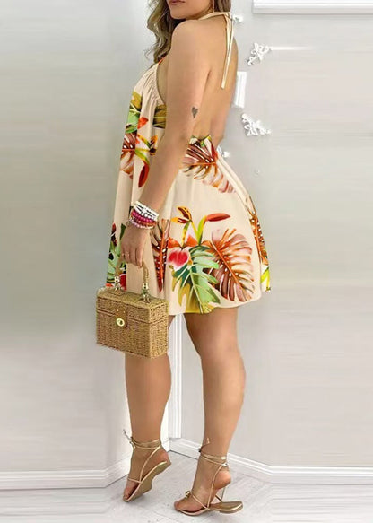 Natural Apricot Halter Backless Print Cotton Mini Dresses Summer