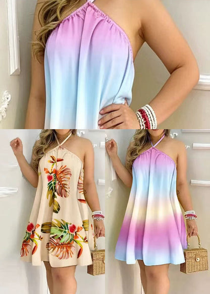 Natural Apricot Halter Backless Print Cotton Mini Dresses Summer