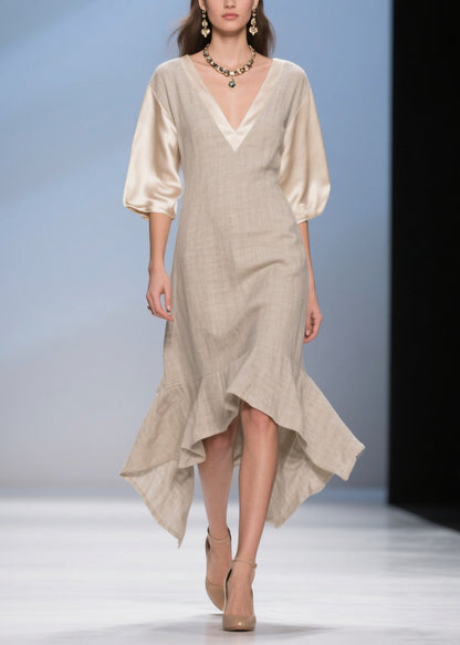 Natural Asymmetrical Design Patchwork Linen Silk Dresses Summer