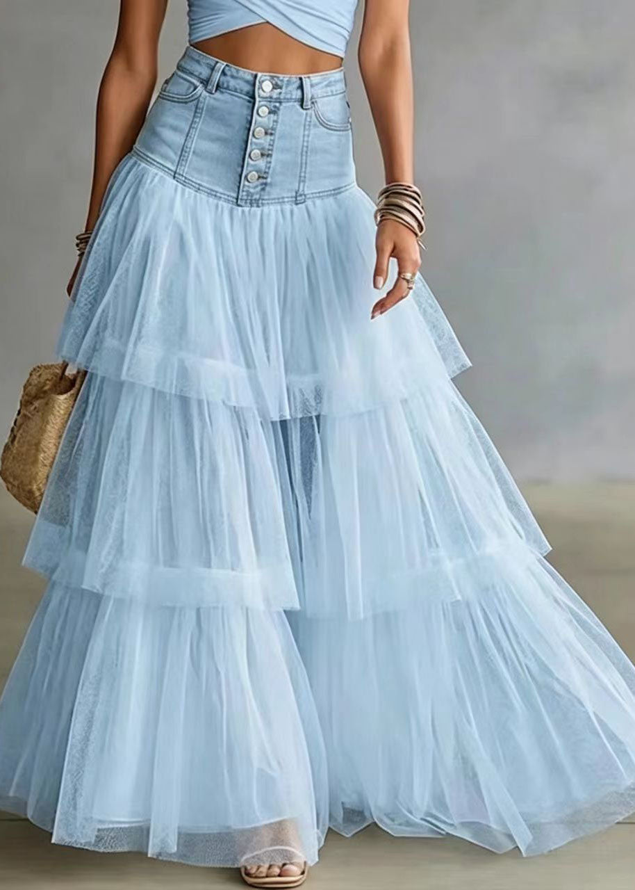 Natural Baby Blue High Waist Patchwork Tulle Skirts Summer