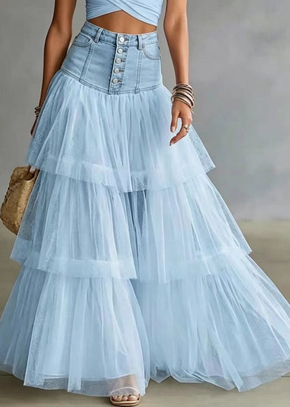 Natural Baby Blue High Waist Patchwork Tulle Skirts Summer