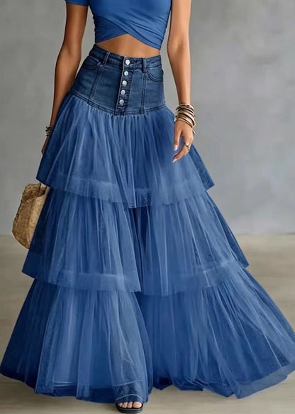 Natural Baby Blue High Waist Patchwork Tulle Skirts Summer