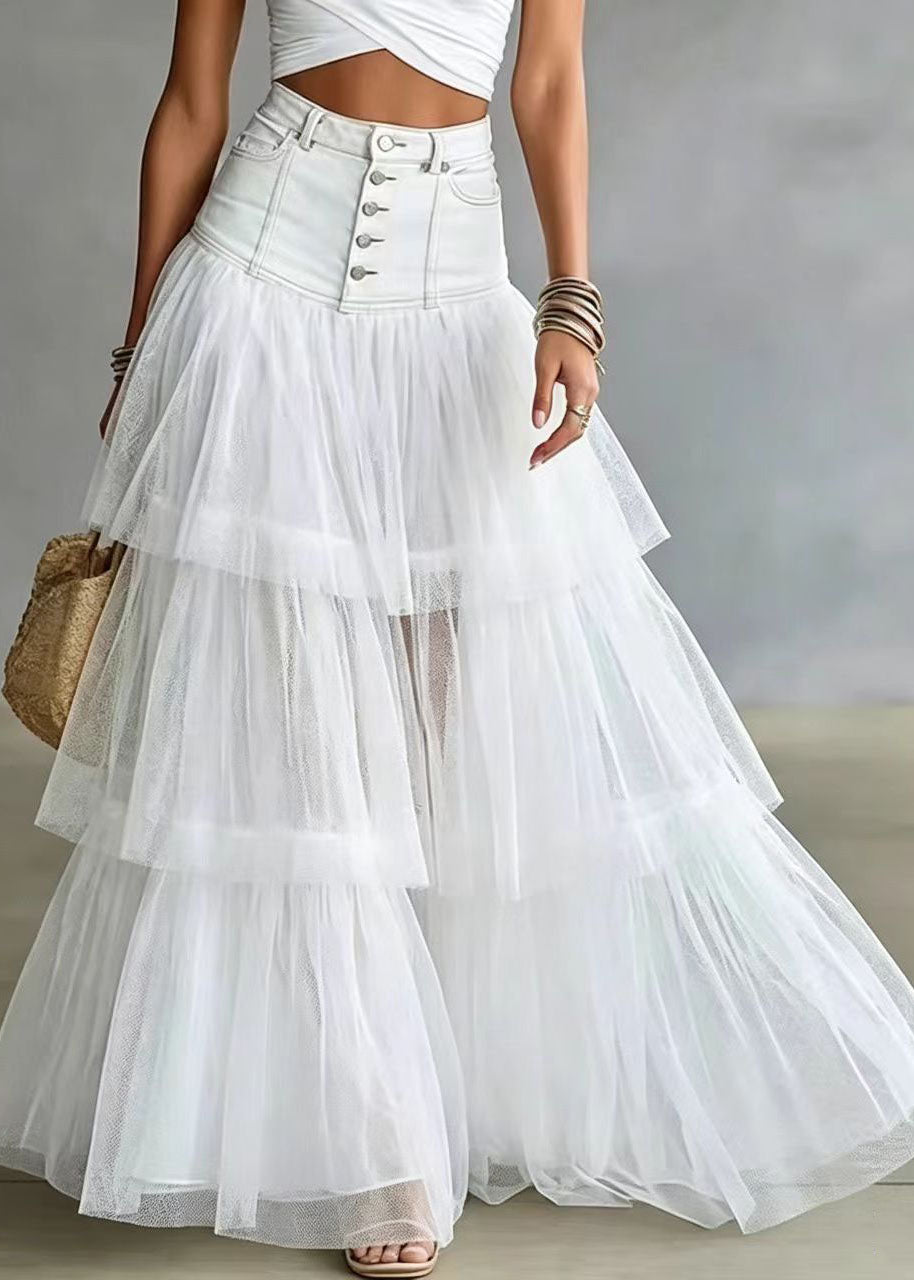 Natural Baby Blue High Waist Patchwork Tulle Skirts Summer