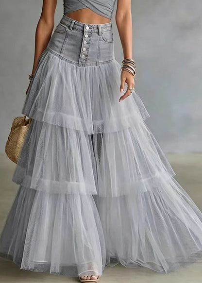 Natural Baby Blue High Waist Patchwork Tulle Skirts Summer