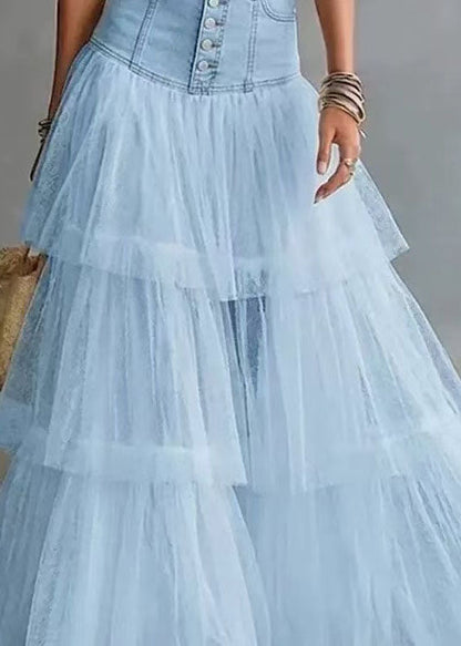 Natural Baby Blue High Waist Patchwork Tulle Skirts Summer