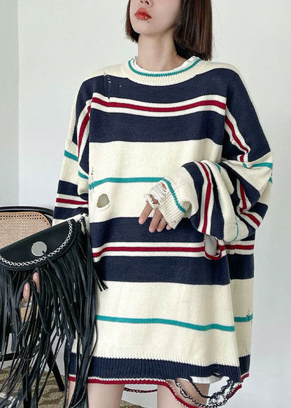 Naturbeiger locker gestreifter Patchwork-Strickpullover für den Herbst