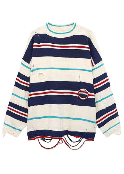 Naturbeiger locker gestreifter Patchwork-Strickpullover für den Herbst