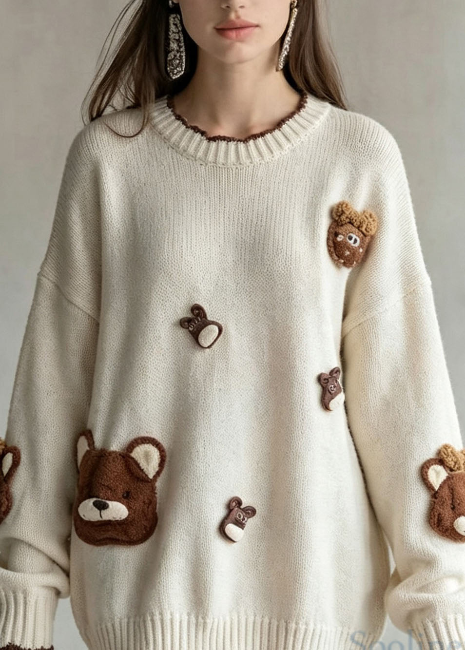 Natural Beige O Neck Cartoon Decorated Knit Sweaters Fall
