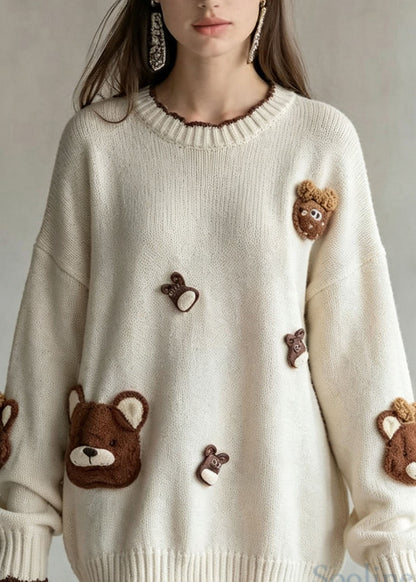 Natural Beige O Neck Cartoon Decorated Knit Sweaters Fall