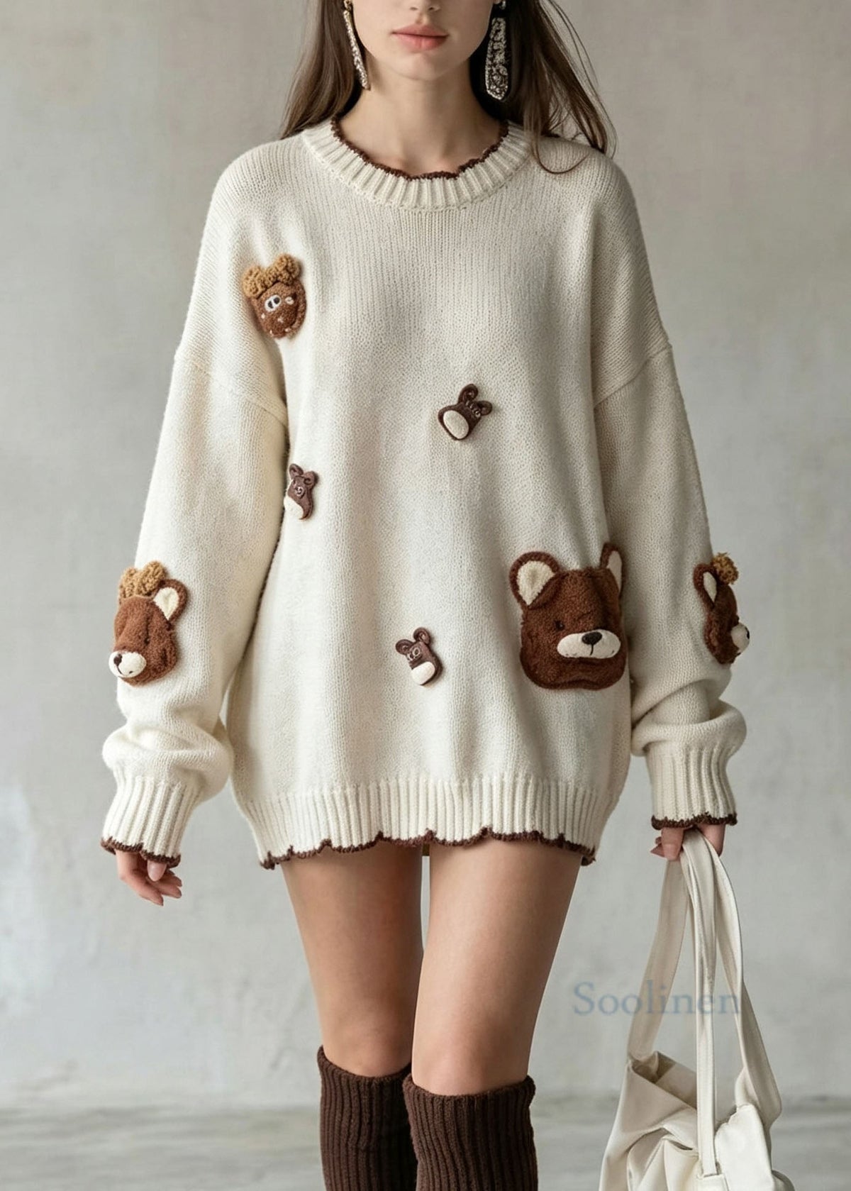 Natural Beige O Neck Cartoon Decorated Knit Sweaters Fall