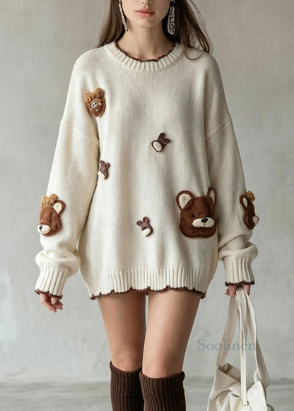 Natural Beige O Neck Cartoon Decorated Knit Sweaters Fall