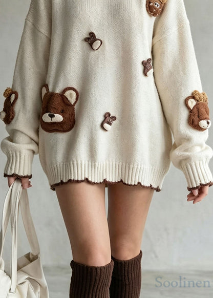 Natural Beige O Neck Cartoon Decorated Knit Sweaters Fall