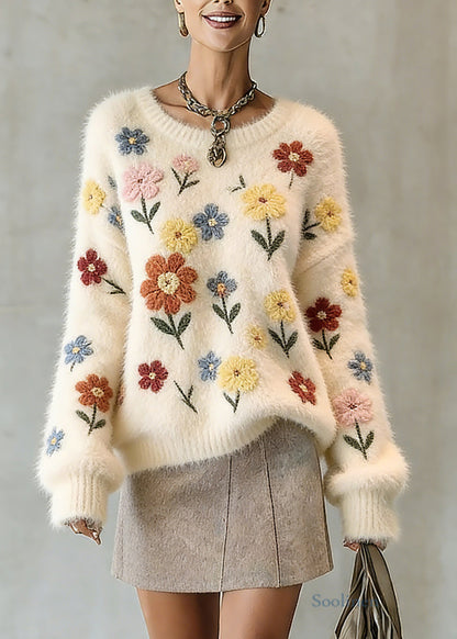 Natural Beige O-Neck Embroidered Cotton Knit Sweater Tops Spring