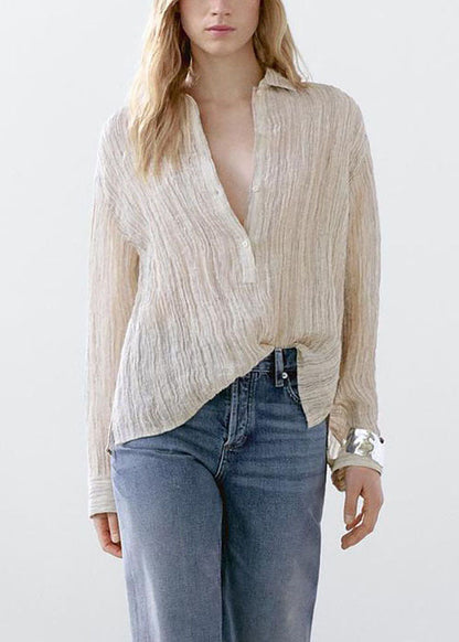 Natural Beige Peter Pan Collar Button Shirt Spring