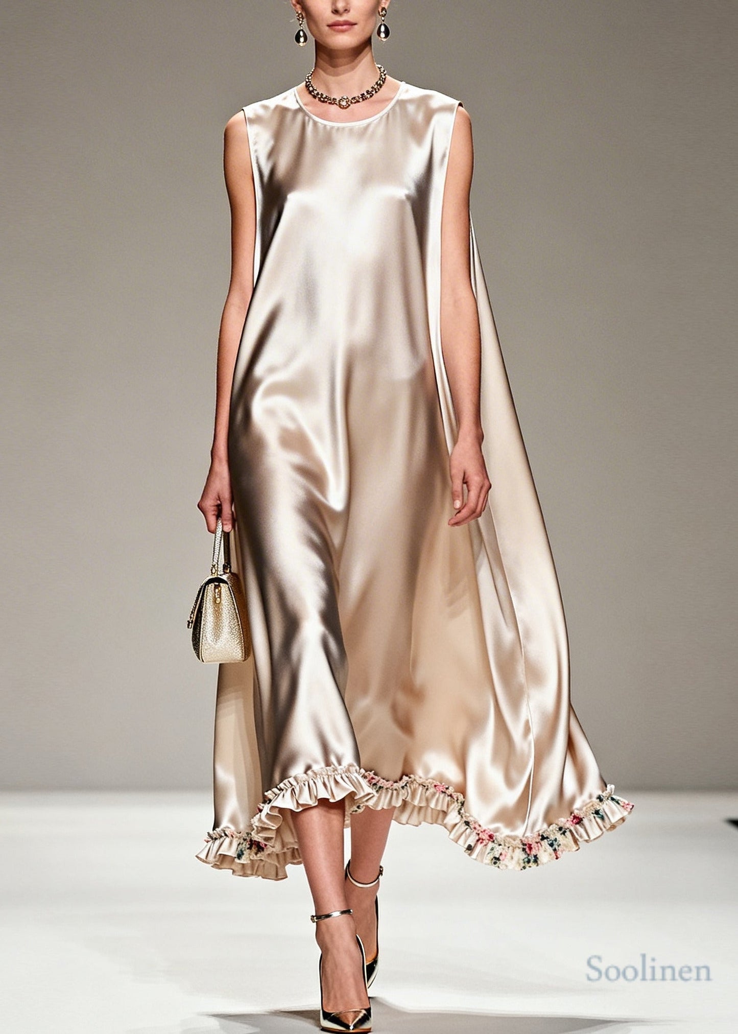 Natural Beige Ruffled Oversized Silk Robe Dresses Summer