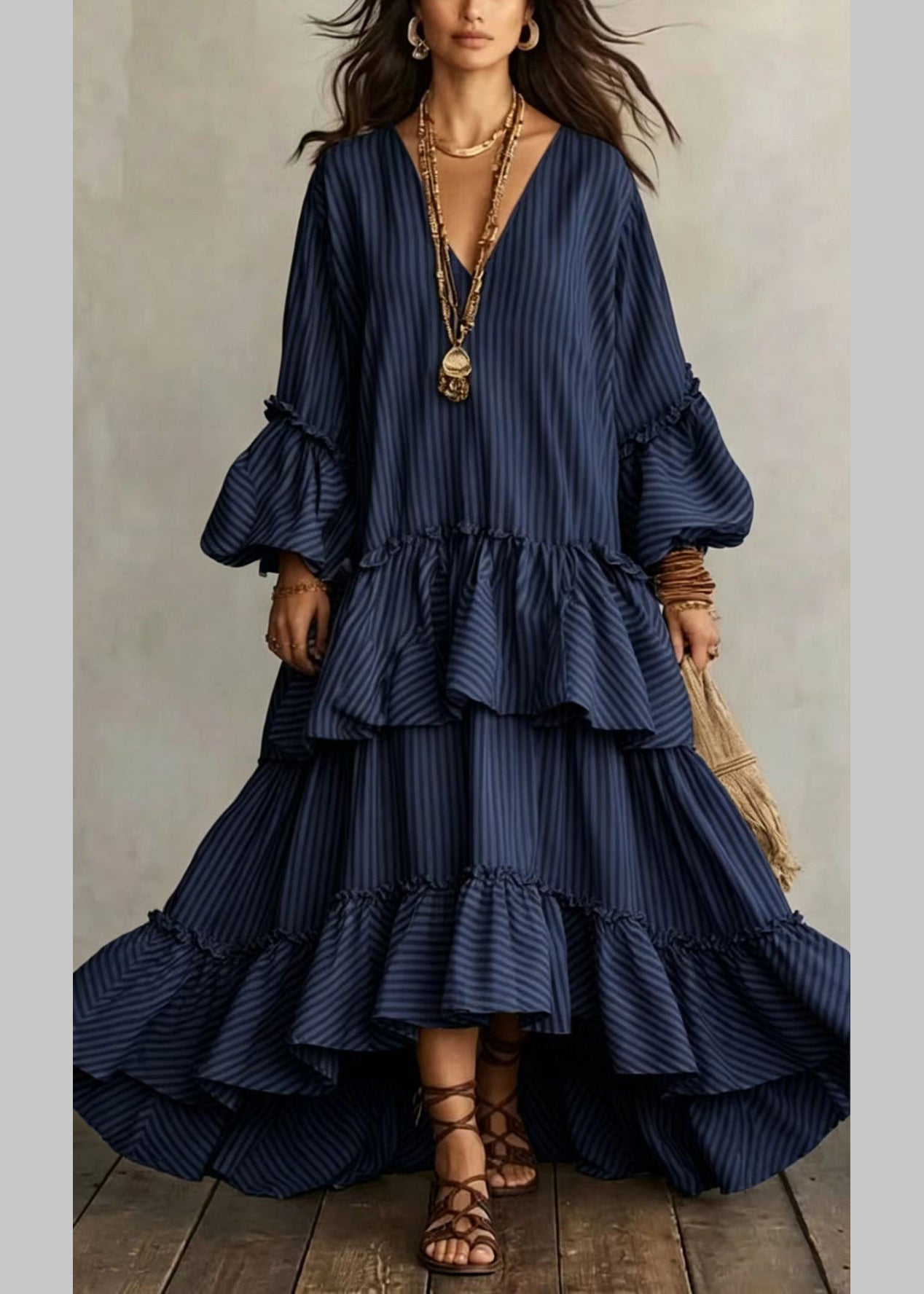 Natural Beige V Neck Asymmetrical Ruffled Long Striped Dress Puff Sleeve