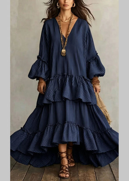 Natural Beige V Neck Asymmetrical Ruffled Long Striped Dress Puff Sleeve