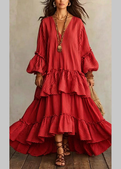 Natural Beige V Neck Asymmetrical Ruffled Long Striped Dress Puff Sleeve