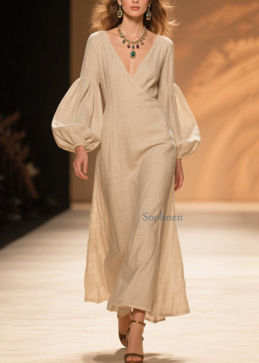 Naturbeiges Patchwork-Baumwollkleid mit V-Ausschnitt und Laternenärmeln