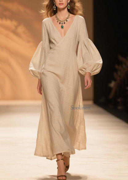 Vestidos de algodón con patchwork, cuello en V y mangas farol en color beige natural