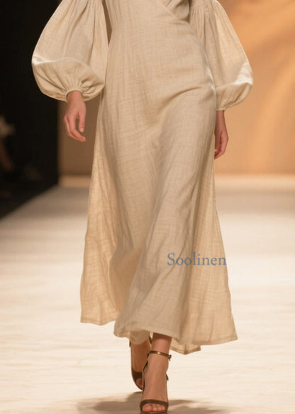 Vestidos de algodón con patchwork, cuello en V y mangas farol en color beige natural