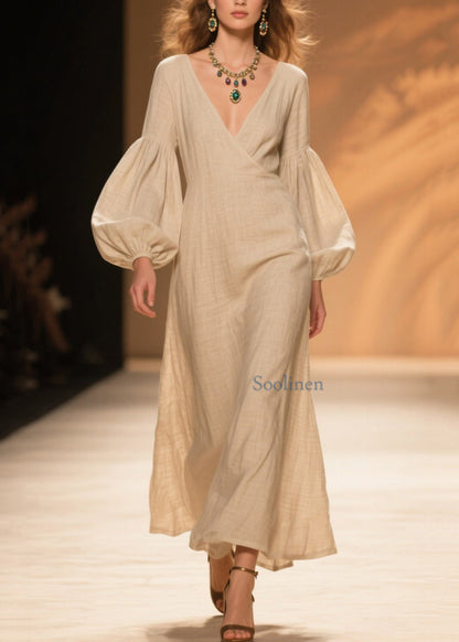 Vestidos de algodón con patchwork, cuello en V y mangas farol en color beige natural