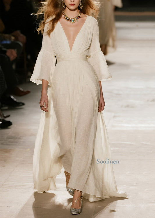 Naturbeige Maxikleider aus Baumwolle mit V-Ausschnitt und Patchwork-Design für den Frühling