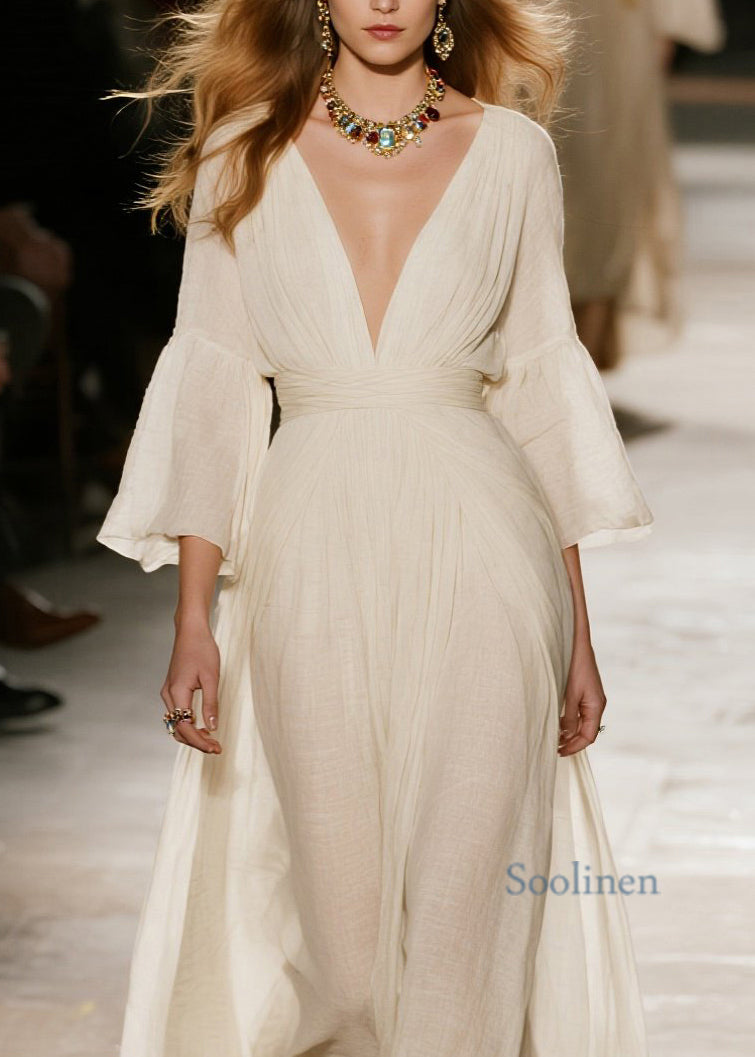 Naturbeige Maxikleider aus Baumwolle mit V-Ausschnitt und Patchwork-Design für den Frühling