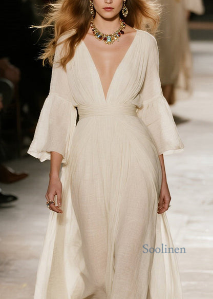 Naturbeige Maxikleider aus Baumwolle mit V-Ausschnitt und Patchwork-Design für den Frühling