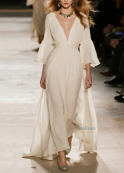 Naturbeige Maxikleider aus Baumwolle mit V-Ausschnitt und Patchwork-Design für den Frühling