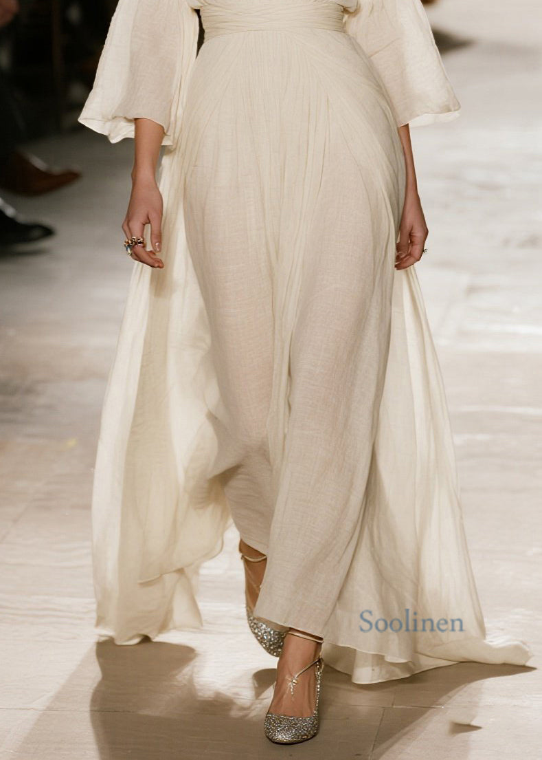 Naturbeige Maxikleider aus Baumwolle mit V-Ausschnitt und Patchwork-Design für den Frühling