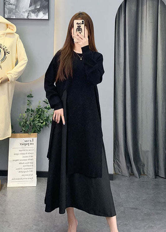 Natürliches schwarzes asymmetrisches Patchwork-Strickkleid Frühling
