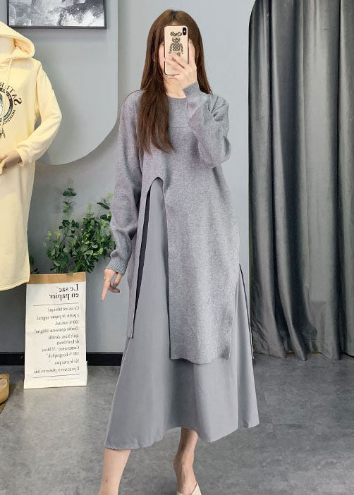 Natürliches schwarzes asymmetrisches Patchwork-Strickkleid Frühling