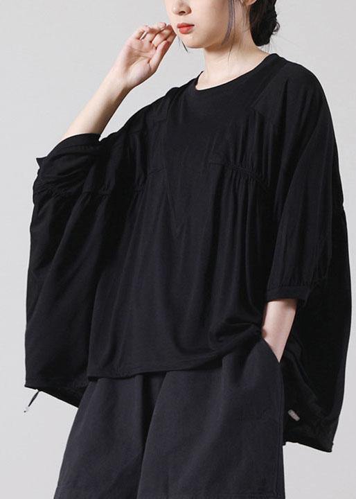 Natural Black Batwing Sleeve Cotton Summer Short Sleeve Tops - SooLinen