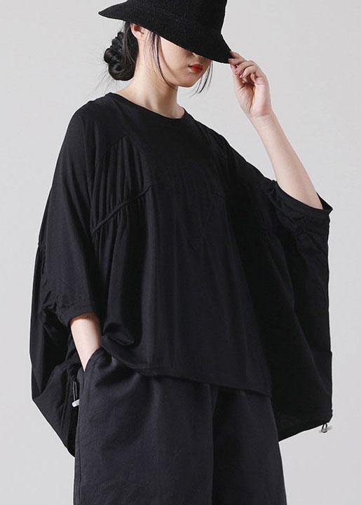 Natural Black Batwing Sleeve Cotton Summer Short Sleeve Tops - SooLinen