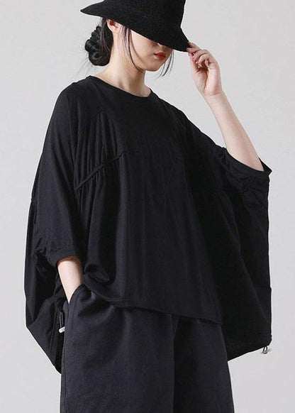Natural Black Batwing Sleeve Cotton Summer Short Sleeve Tops - SooLinen