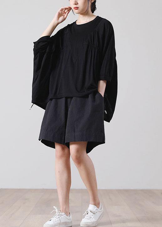 Natural Black Batwing Sleeve Cotton Summer Short Sleeve Tops - SooLinen