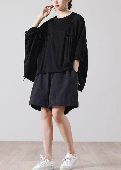 Natural Black Batwing Sleeve Cotton Summer Short Sleeve Tops - SooLinen