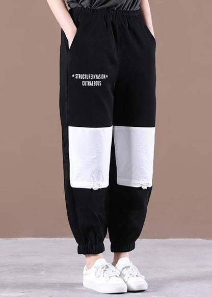 Natural Black Elastic Waist Patchwork Pants Summer Cotton - SooLinen