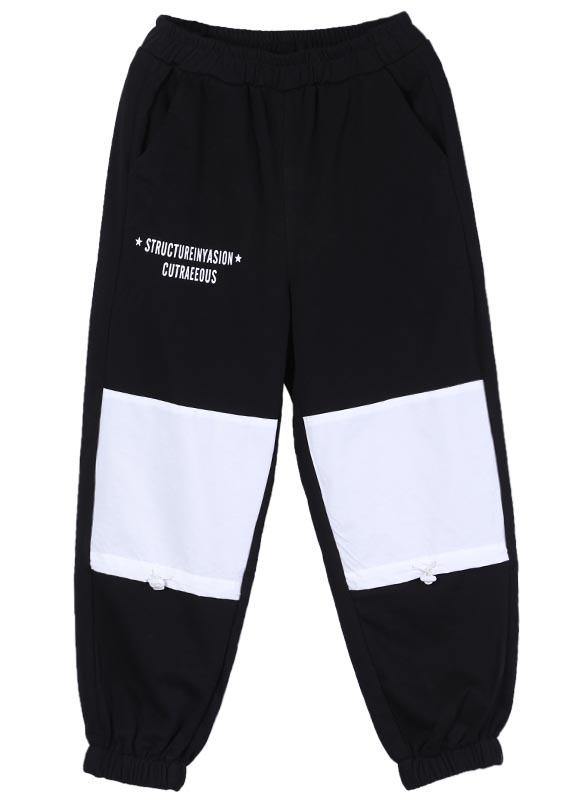 Natural Black Elastic Waist Patchwork Pants Summer Cotton - SooLinen