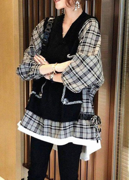 Natürlicher schwarzer Strick-Patchwork-Karo-Pullover mit lockerem Herbststrick